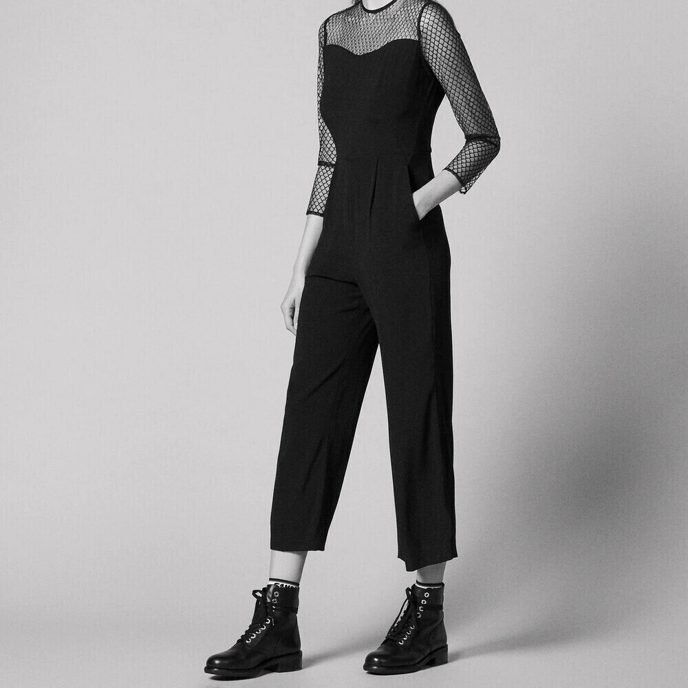 Sandro Women's Gesette Lace Top Insert Wide Leg Jumpsuit In Black Size 36 $514